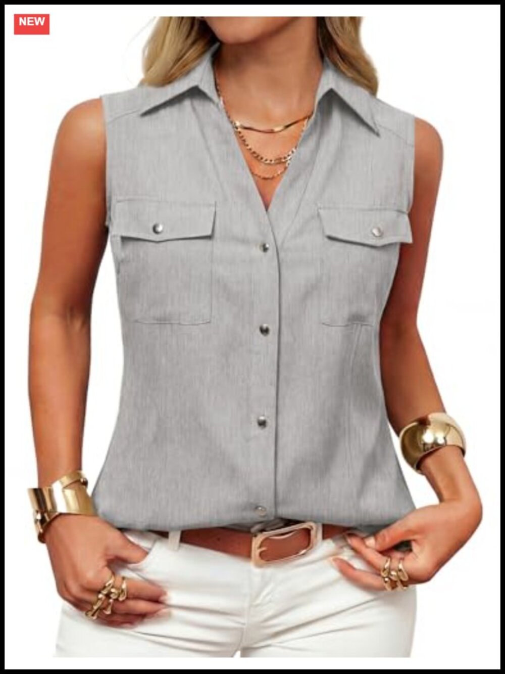 Sleeveless Button Down Shirt V Neck Tank Top Business Casual Blouse